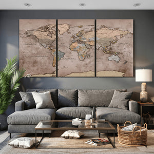 Grunge World Map Canvas Wall Art - Vintage Aged World Map