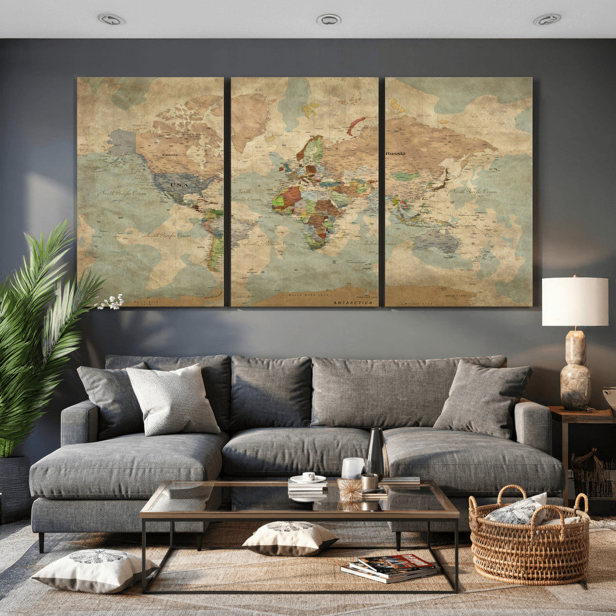 World Map Wall Art Canvas Print, Rustic Map Print, Framed