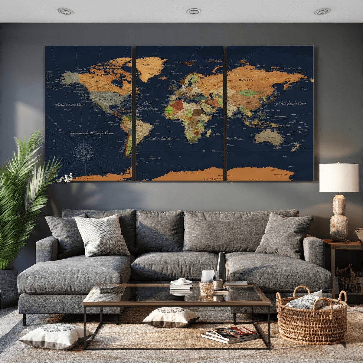 Modern World Map Canvas Print – Framed Detailed Map of the