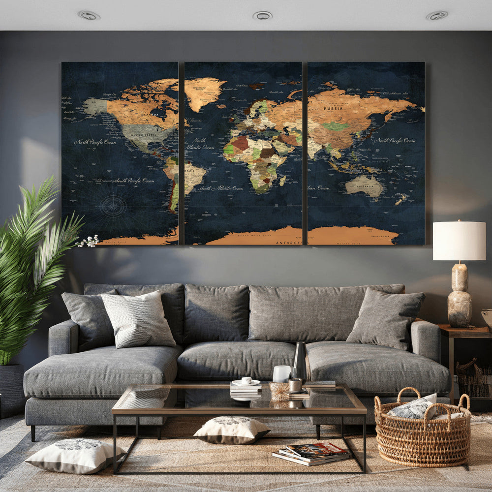 Vintage World Map Canvas Wall Art – Detailed Map with