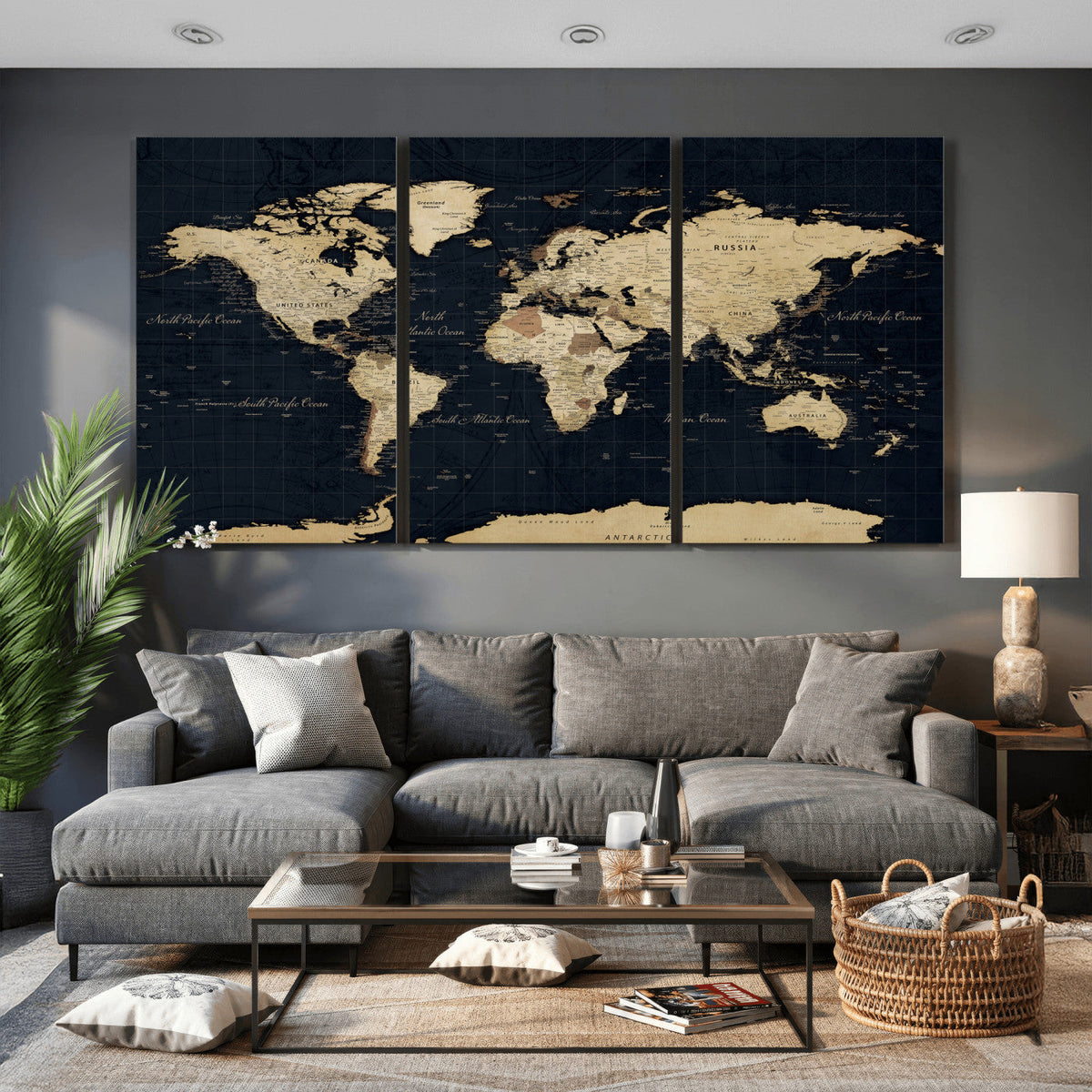 Dark World Map Canvas Wall Art Print, Minimal Black and Gold