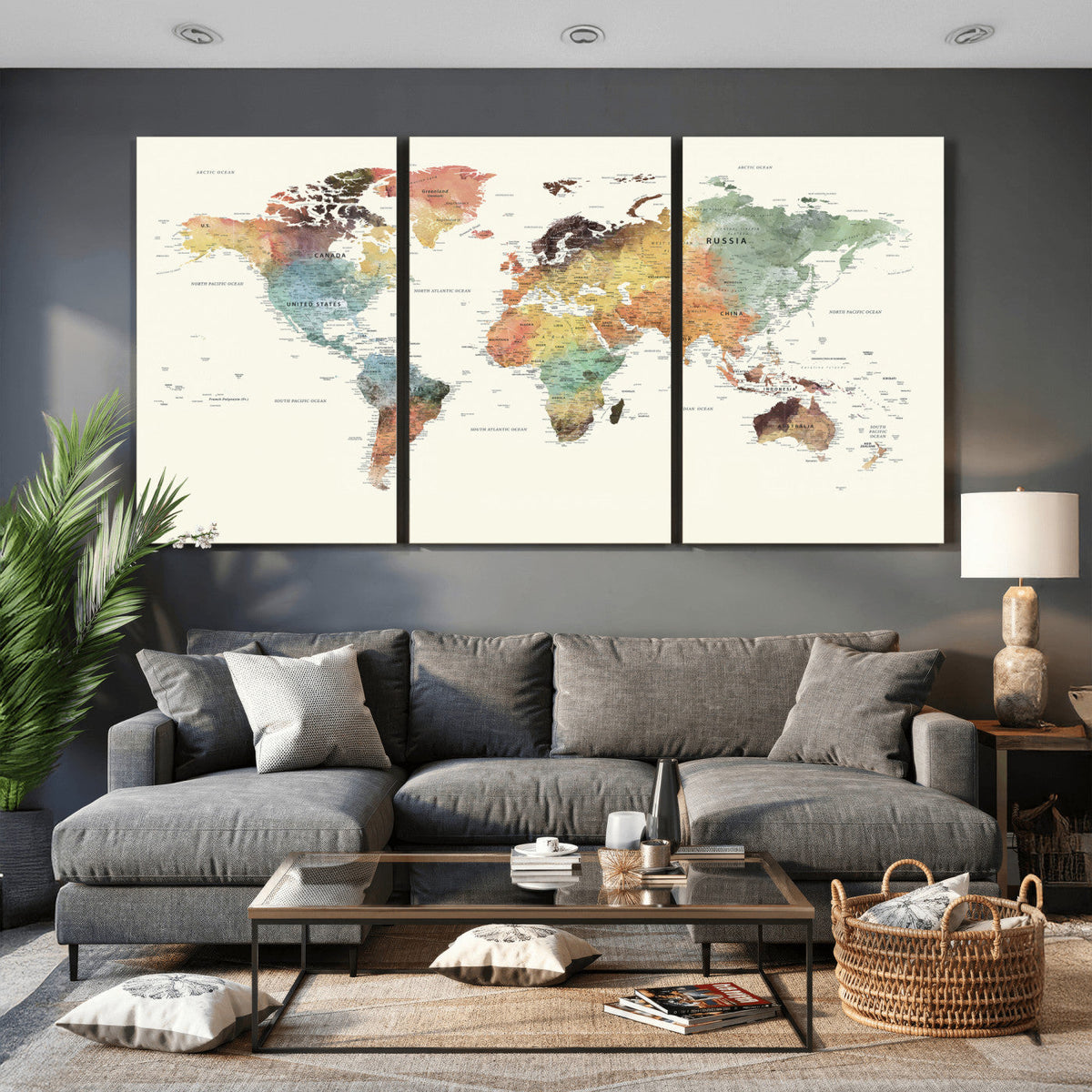 Framed World Map Wall Art Canvas Print for Living Room and