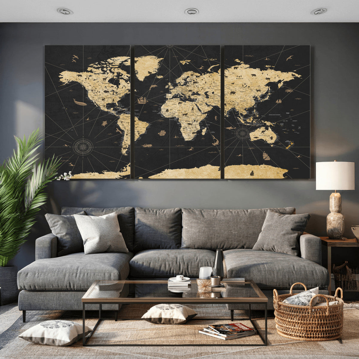 Vintage Blue and Brown World Map Canvas Wall Art – Framed