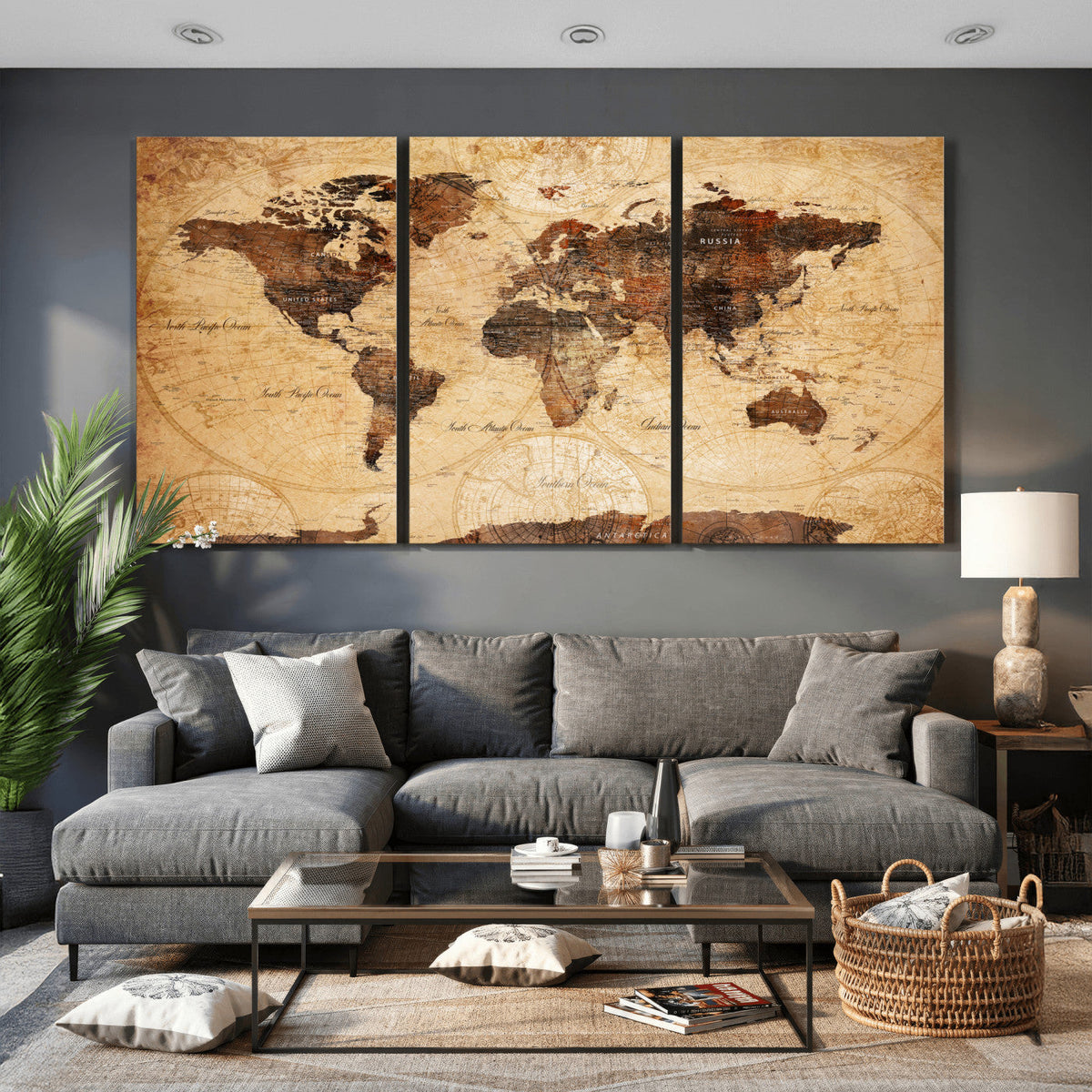 Modern Red and Gray World Map Canvas Print – Framed Wall Art