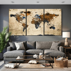 World Map Wall Art – Rustic Earth Tone Canvas Print, Antique