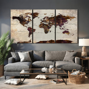 World Map Canvas Triptych – Colorful Global Wall Art for