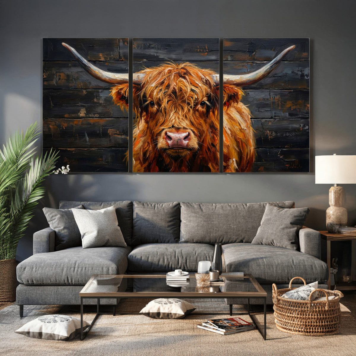 Highland Cow Wall Art Canvas Print, Rustic Farm Animal