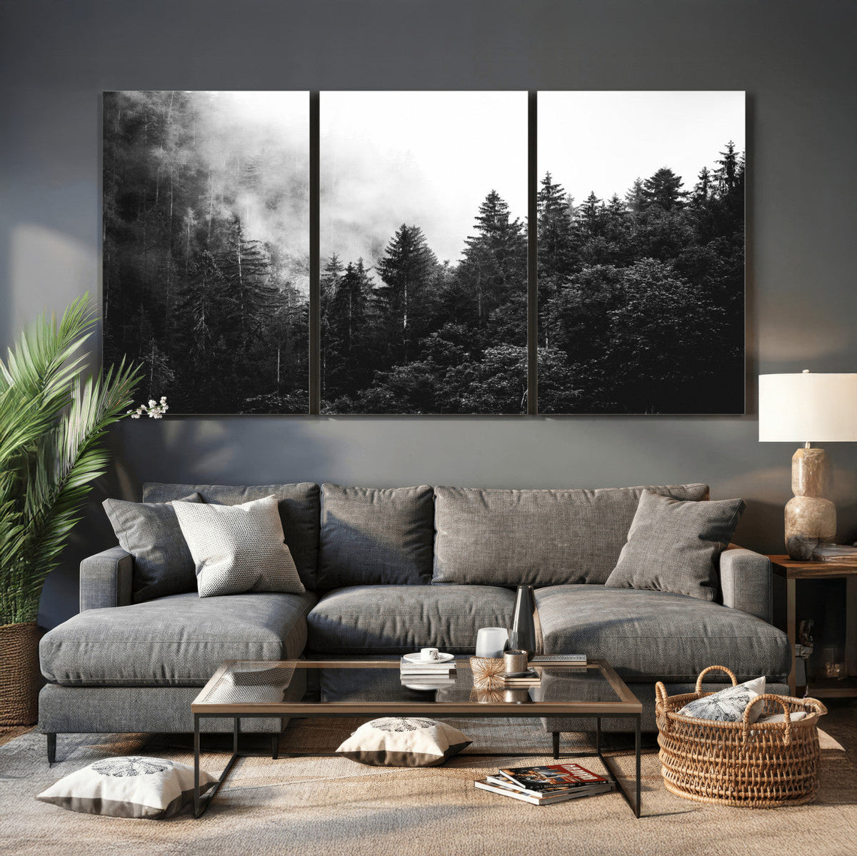 Black White Forest Wall Art Canvas Print, Misty Pine Tree