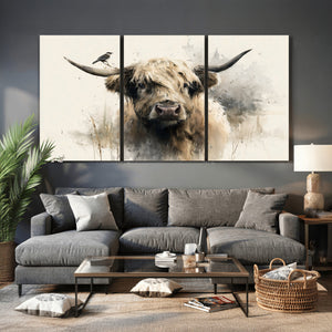Abstract Highland Cow Wall Art Canvas Print, Rustic Farm