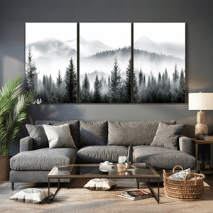 Misty Pine Forest Mountain Landscape Wall Art Canvas Print