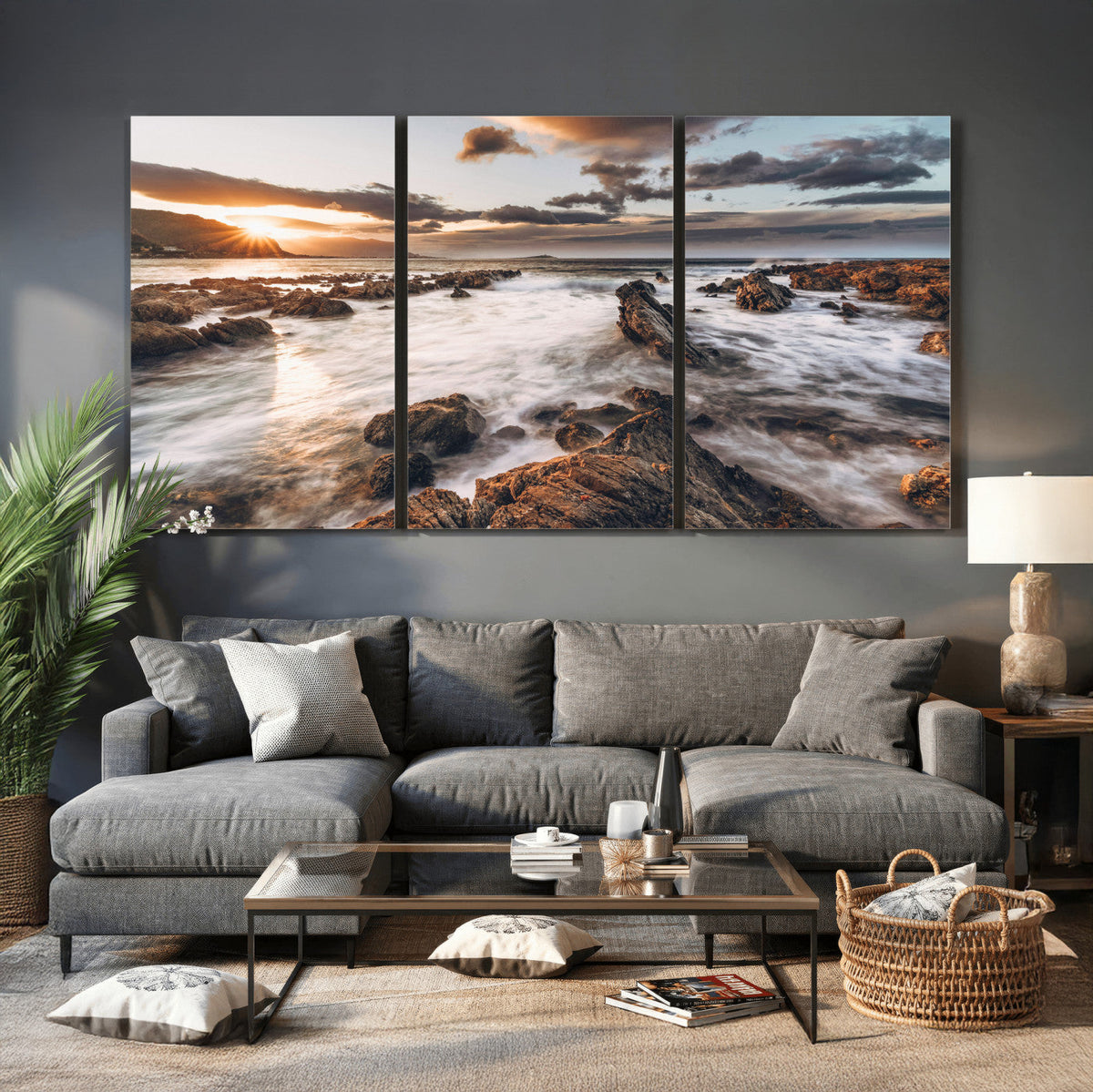 Rocky Coast Ocean Sunset Wall Art Canvas Print, Dramatic