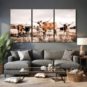 Texas Longhorn Cattle Wall Art Canvas Print, Sepia Western