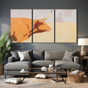 Minimal Longhorn Bull Wall Art Canvas Print, Neutral Western