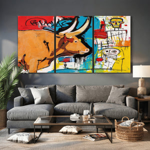 Basquiat Style Bull Graffiti Wall Art Canvas Print, Street