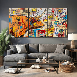 Basquiat Style Bull Graffiti Wall Art Canvas Print, Street