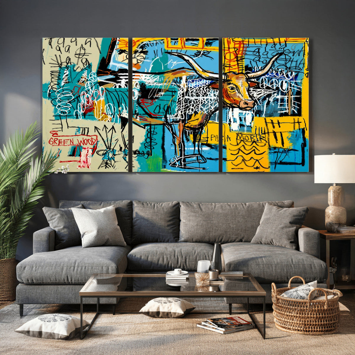 Basquiat Style Bird Bull Graffiti Wall Art Canvas Print,
