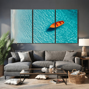 Minimalist Boat Wall Art Canvas Print, Aerial Sea Landscape