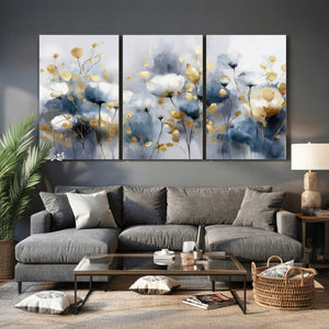 Large Abstract Flowers Wall Art Canvas Print – Gold and Blue
