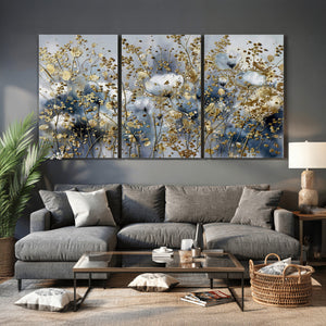 Abstract Floral Wall Art Canvas Print – Gold and Blue