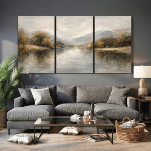 Neutral Abstract River Landscape Wall Art Canvas Print