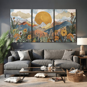 Boho Mountain Landscape Large Wall Art, Horizontal Gold