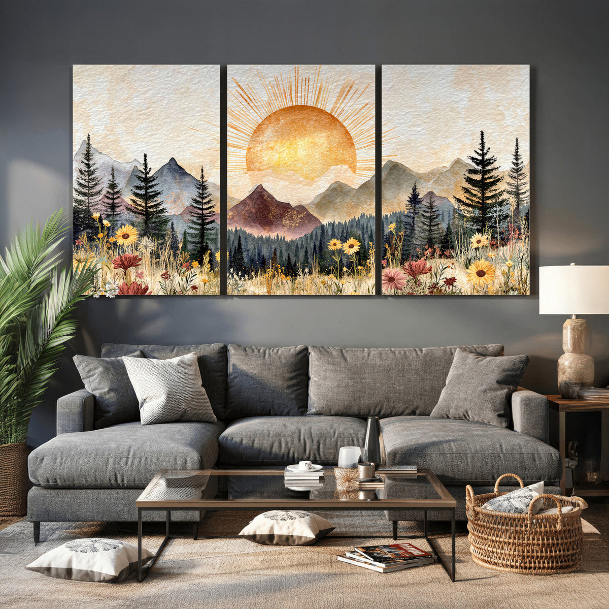 Boho Mountain Landscape Large Wall Art, Horizontal Gold