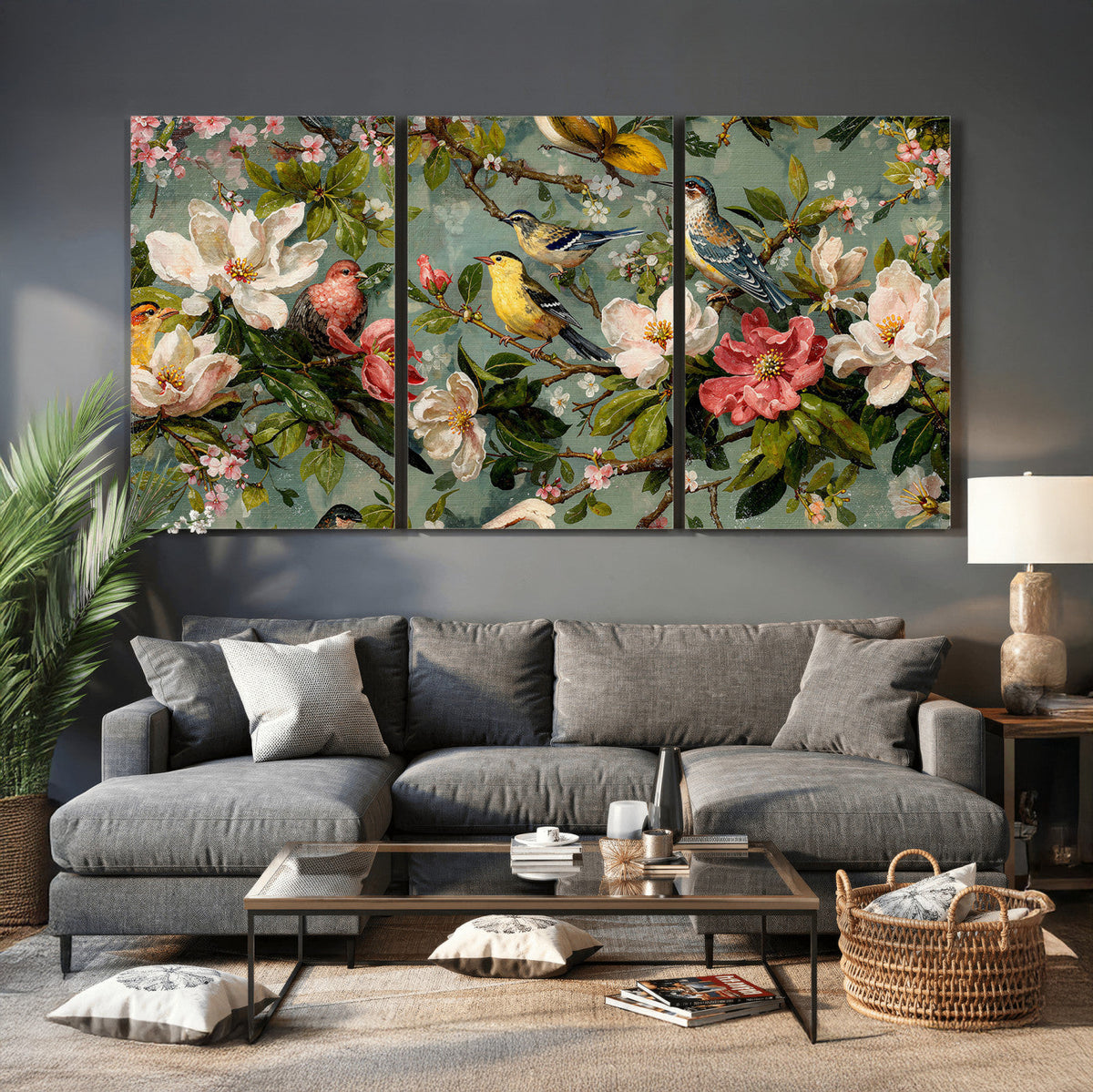 Vintage Birds and Flowers Wide Wall Art: Extra Large