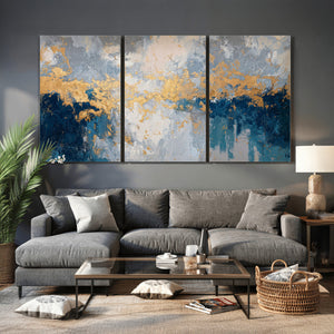 Blue Gold Abstract Large Framed Canvas Wall Art, Modern