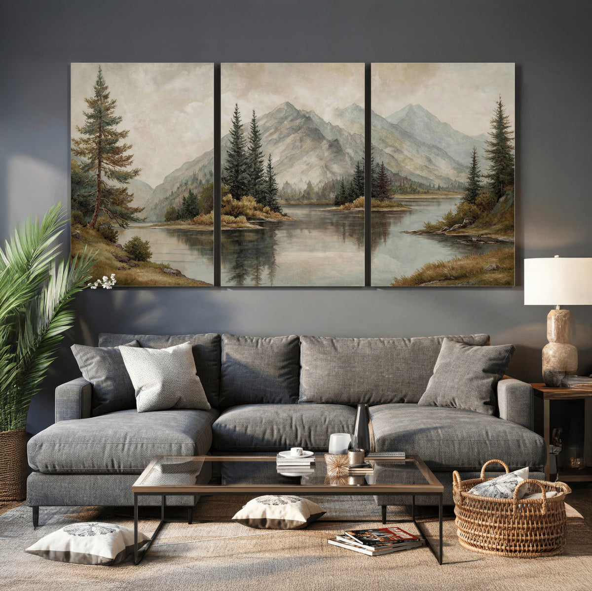 Vintage Mountain Landscape Wall Art Canvas Print Set, Rustic