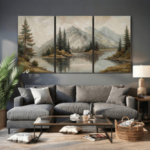 Vintage Mountain Landscape Wall Art Canvas Print Set, Rustic