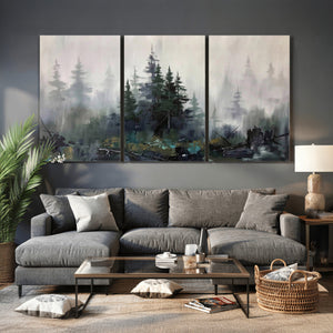 Misty Pine Forest Oil Painting Canvas — Dark Moody Teal Grey
