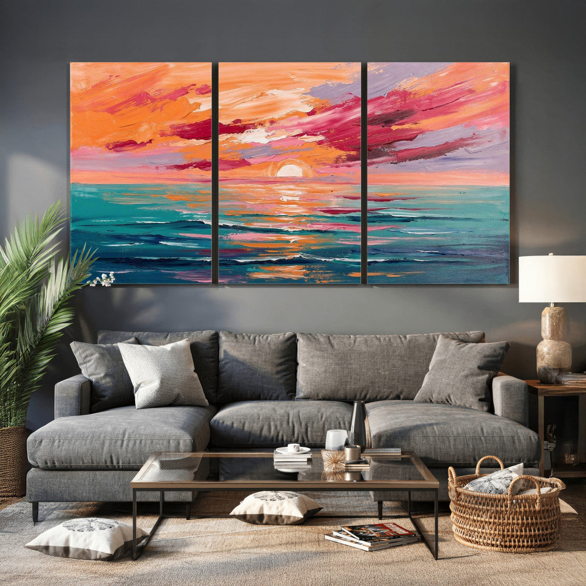 Bold Palette Knife Ocean Sunset Canvas — Orange Pink Teal