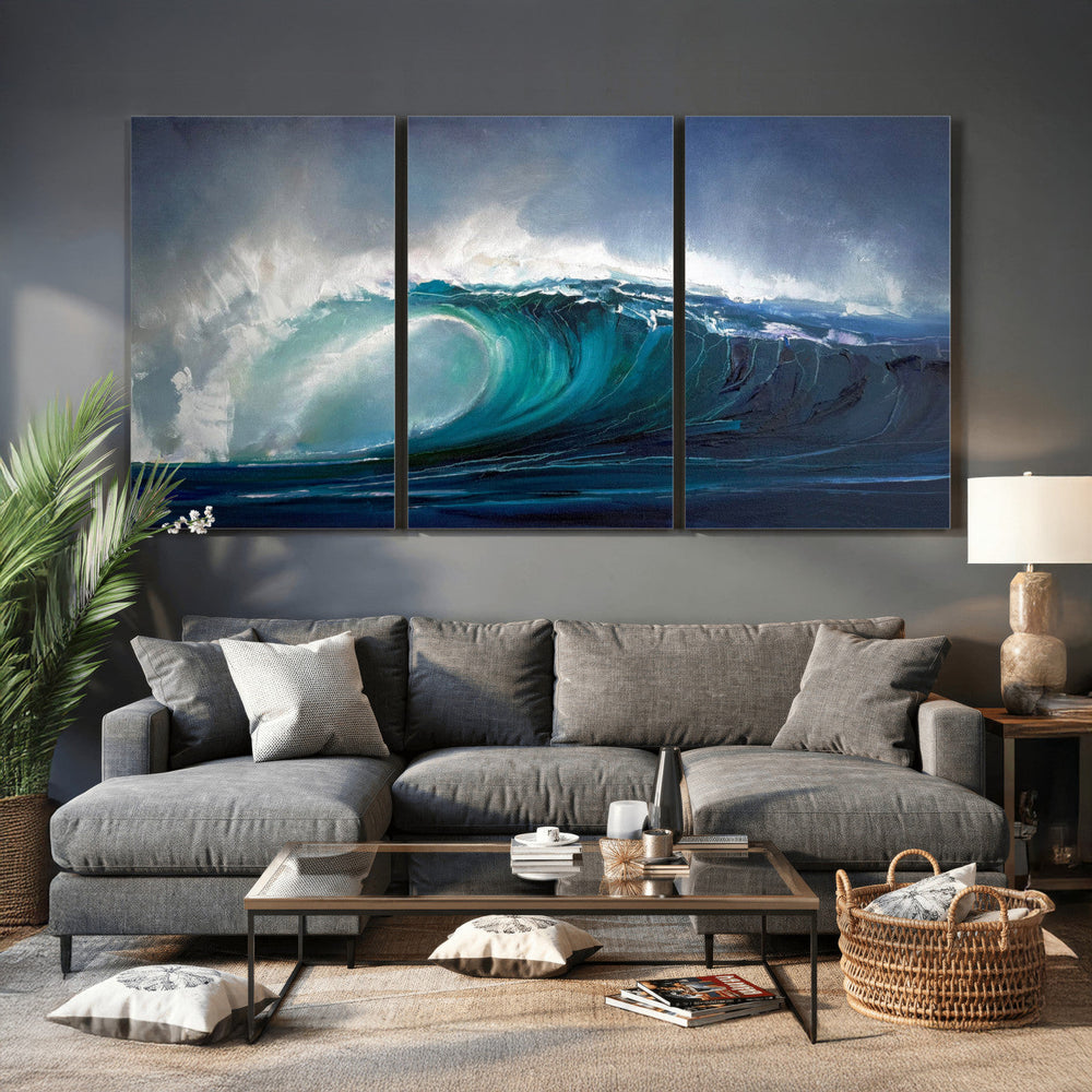 Ocean Wave Canvas Wall Art, Dramatic Teal Blue Seascape Oil