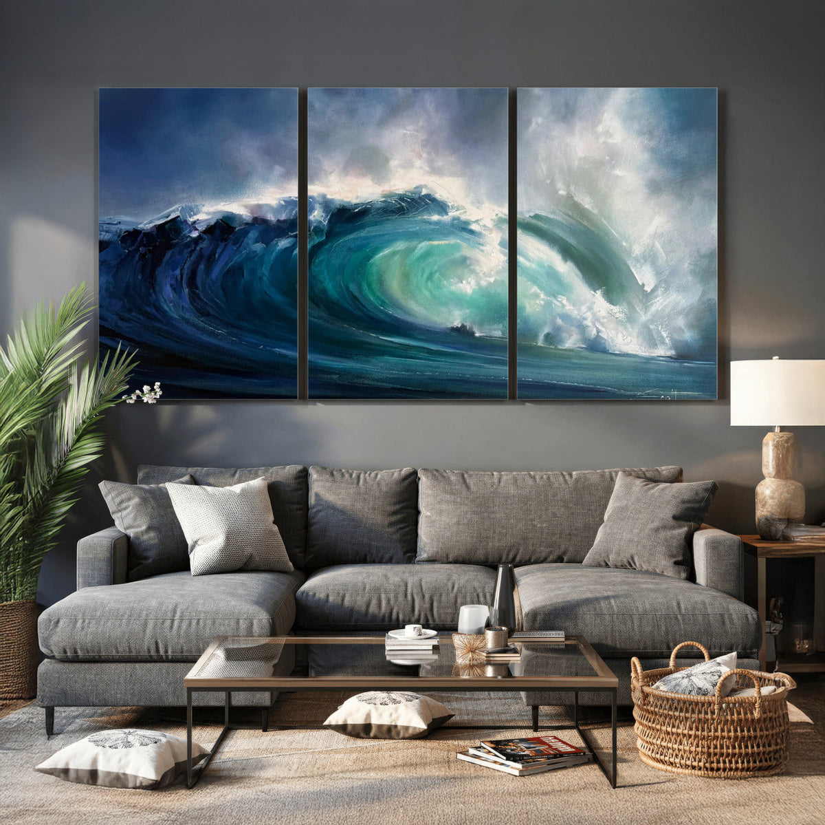 Ocean Wave Canvas Wall Art, Dramatic Teal Blue Seascape Oil