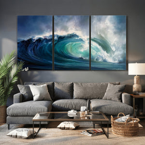 Ocean Wave Canvas Wall Art, Dramatic Teal Blue Seascape Oil