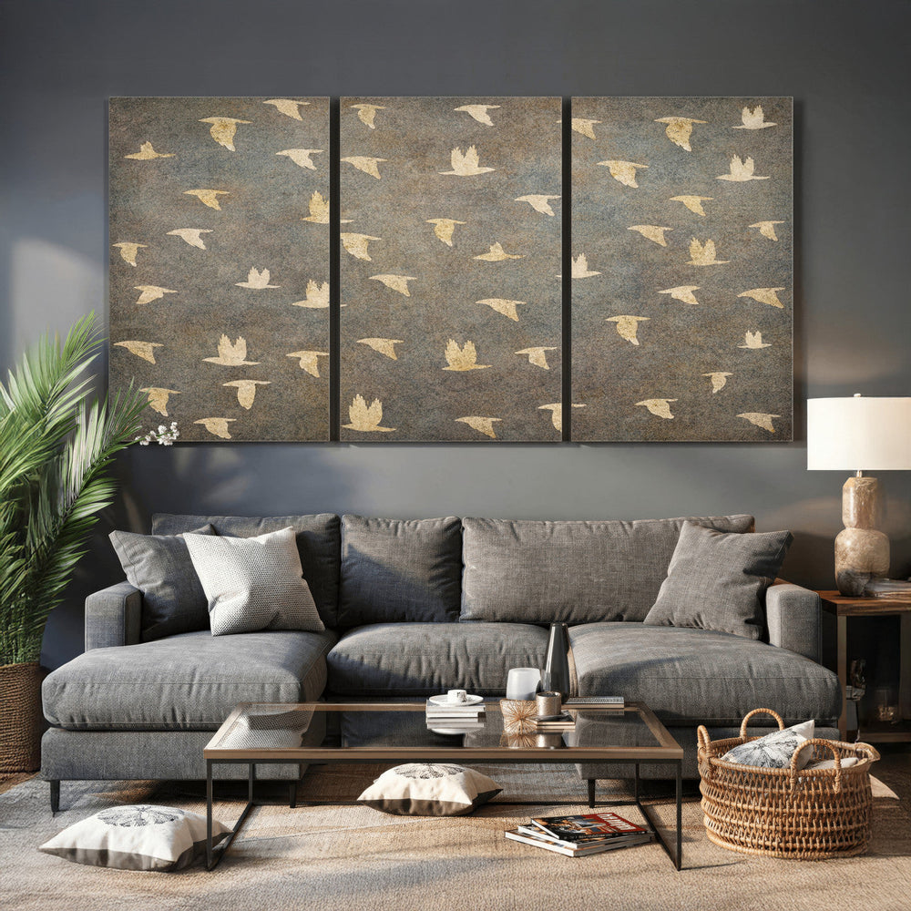 Flying Birds Canvas Wall Art, Vintage Bird Flock Pattern