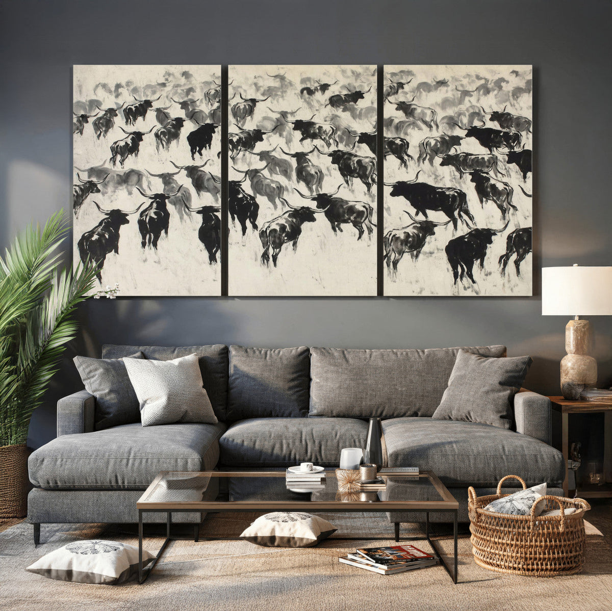 Longhorn Cattle Canvas Wall Art, Black White Stampede Ink