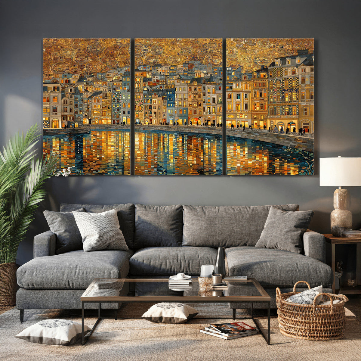 Gustav Klimt Golden Cityscape Wall Art Canvas Print, Framed