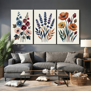 Watercolor Botanical Canvas Wall Art Set, Navy Terracotta