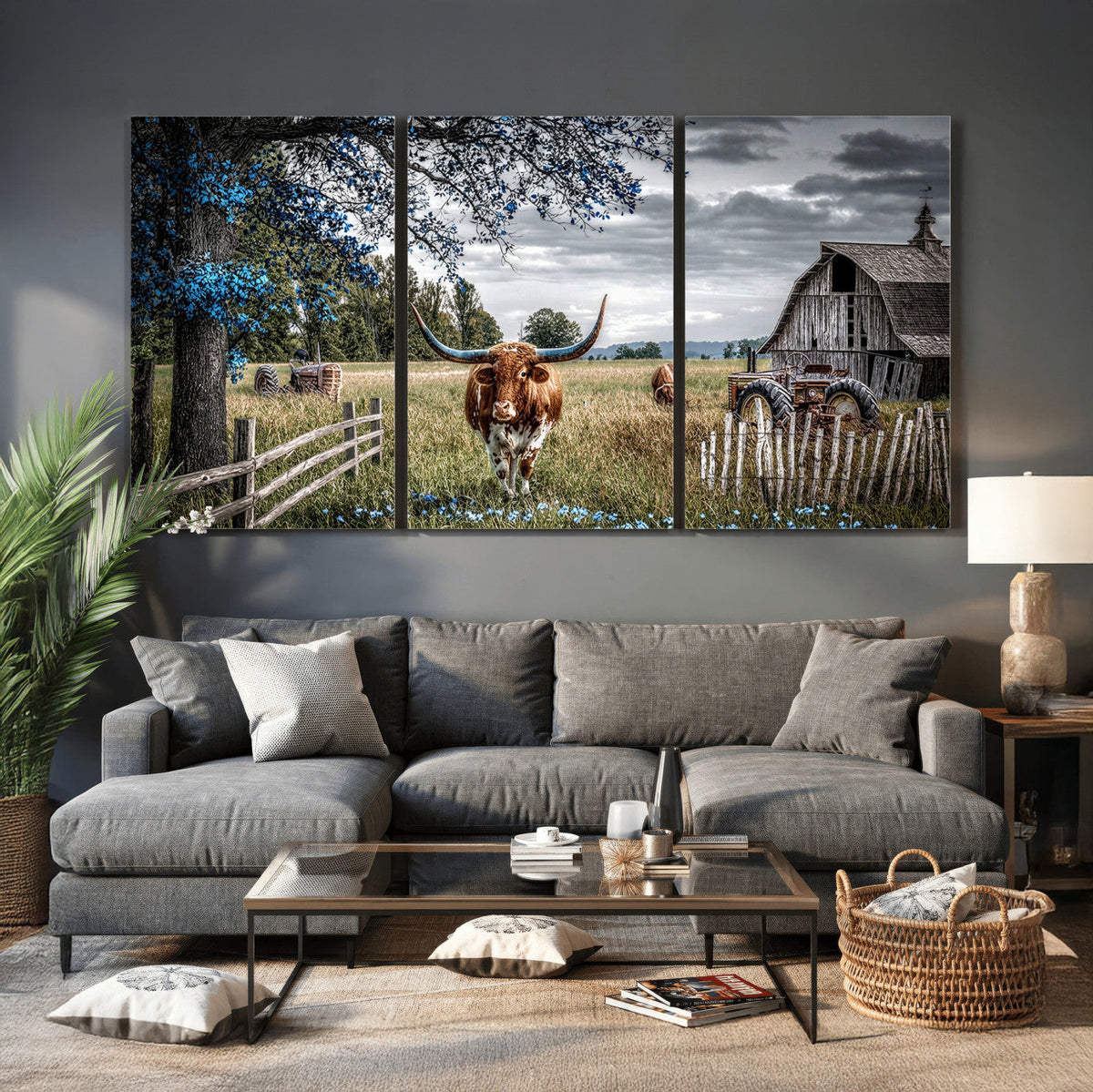 Texas Longhorn Canvas Wall Art, Rustic Farm Barn Bluebonnet