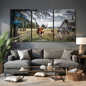 Texas Longhorn Canvas Wall Art, Rustic Farm Barn Bluebonnet