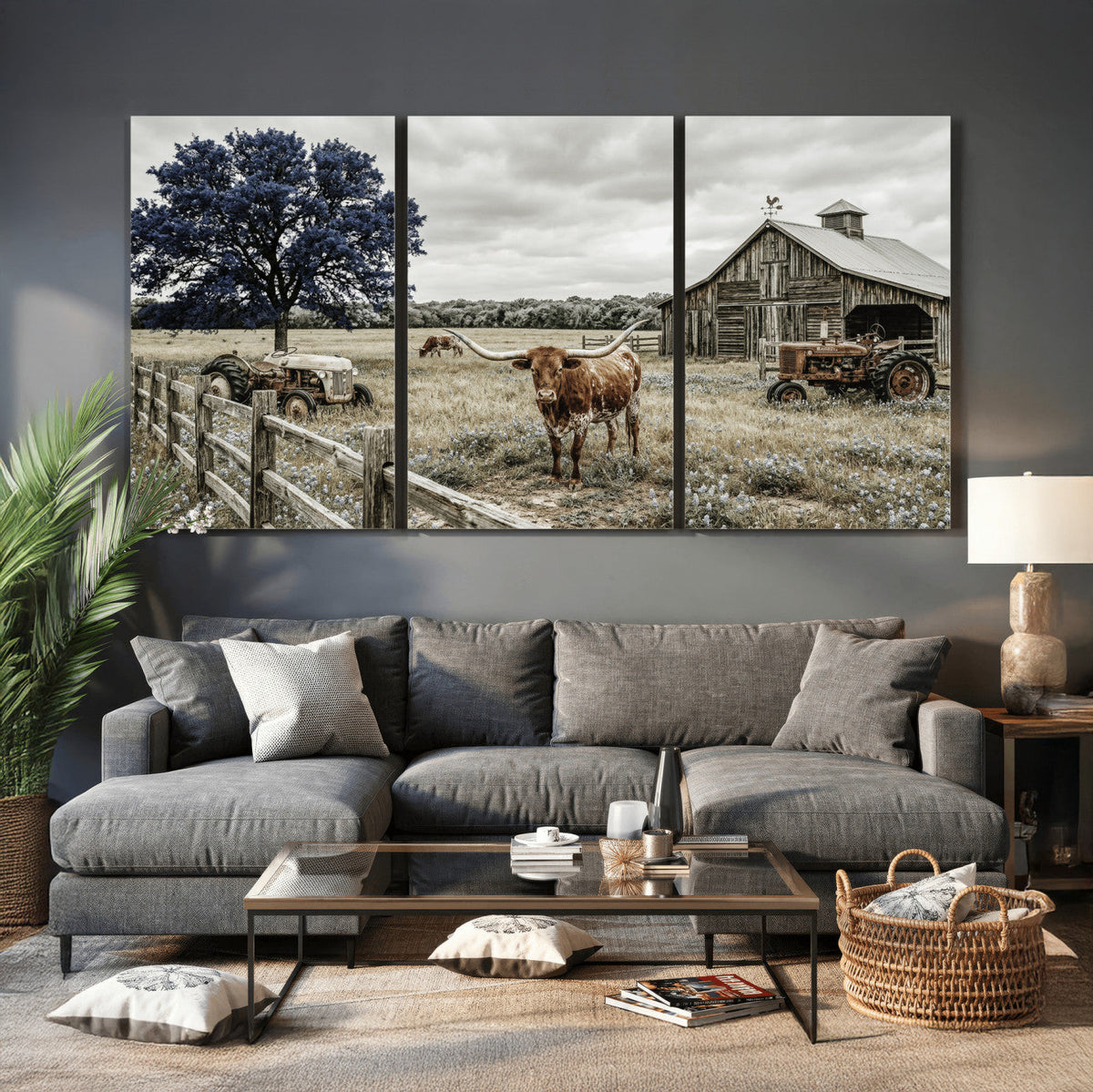 Texas Longhorn Canvas Wall Art, Rustic Farm Barn Bluebonnet
