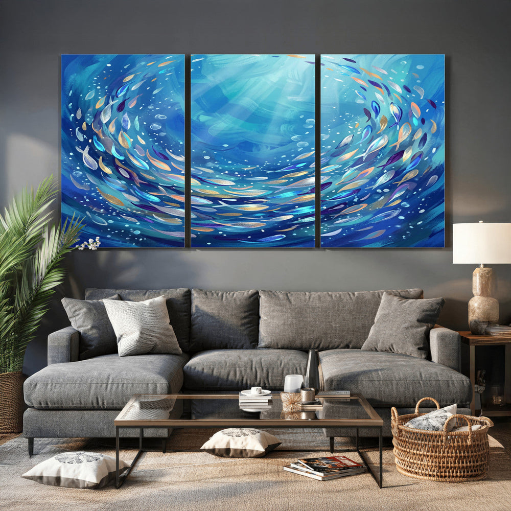 School of Fish Canvas Print | Blue Ocean Underwater Wall Art