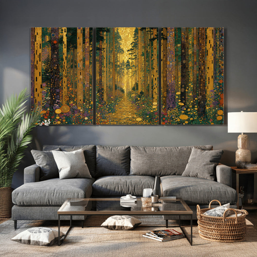 Gustav Klimt Style Forest Canvas Wall Art, Golden Forest Path Floral Art Nouveau Print, Enchanted Woodland Decor