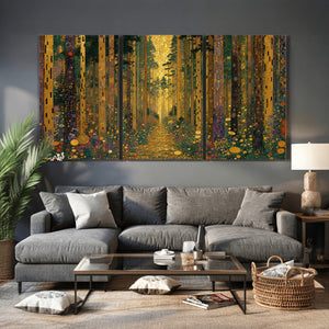 Gustav Klimt Style Forest Canvas Wall Art, Golden Forest Path Floral Art Nouveau Print, Enchanted Woodland Decor