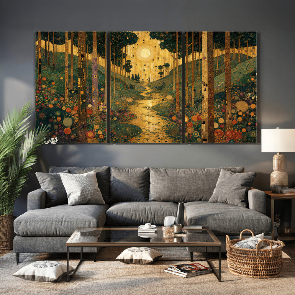 Gustav Klimt Style Forest Canvas Wall Art, Golden Forest Path Floral Art Nouveau Print, Enchanted Woodland Decor