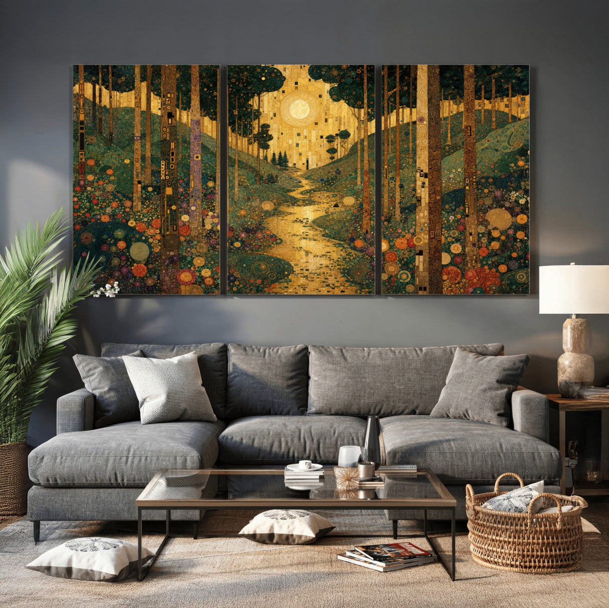 Gustav Klimt Style Forest Canvas Wall Art, Golden Forest Path Floral Art Nouveau Print, Enchanted Woodland Decor