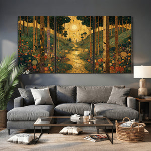 Gustav Klimt Style Forest Canvas Wall Art, Golden Forest Path Floral Art Nouveau Print, Enchanted Woodland Decor