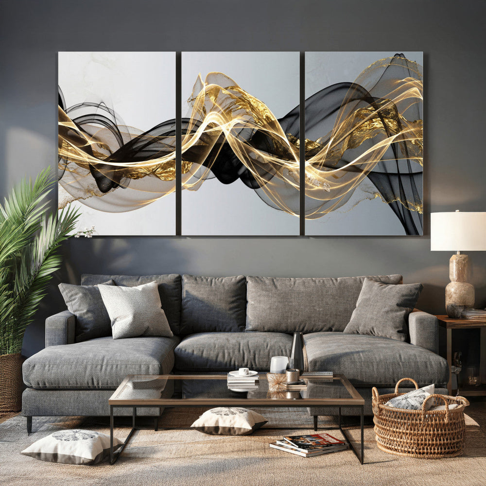 Black and Gold Abstract Wall Art, Modern Wave Canvas Print, Elegant Flowing Smoke Art, Luxury Living Room Decor