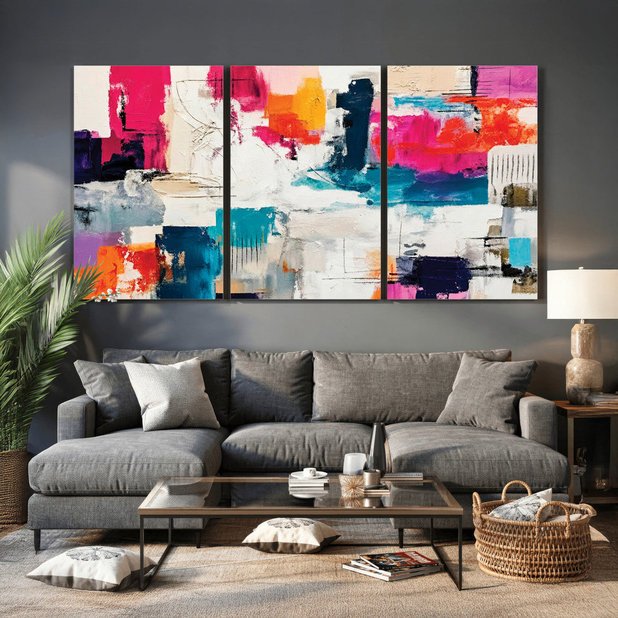 Blue Teal Abstract Canvas Wall Art, Modern Textured Painting Print, Navy Orange White Contemporary Art, Neutral Living Room Decor, Office Art